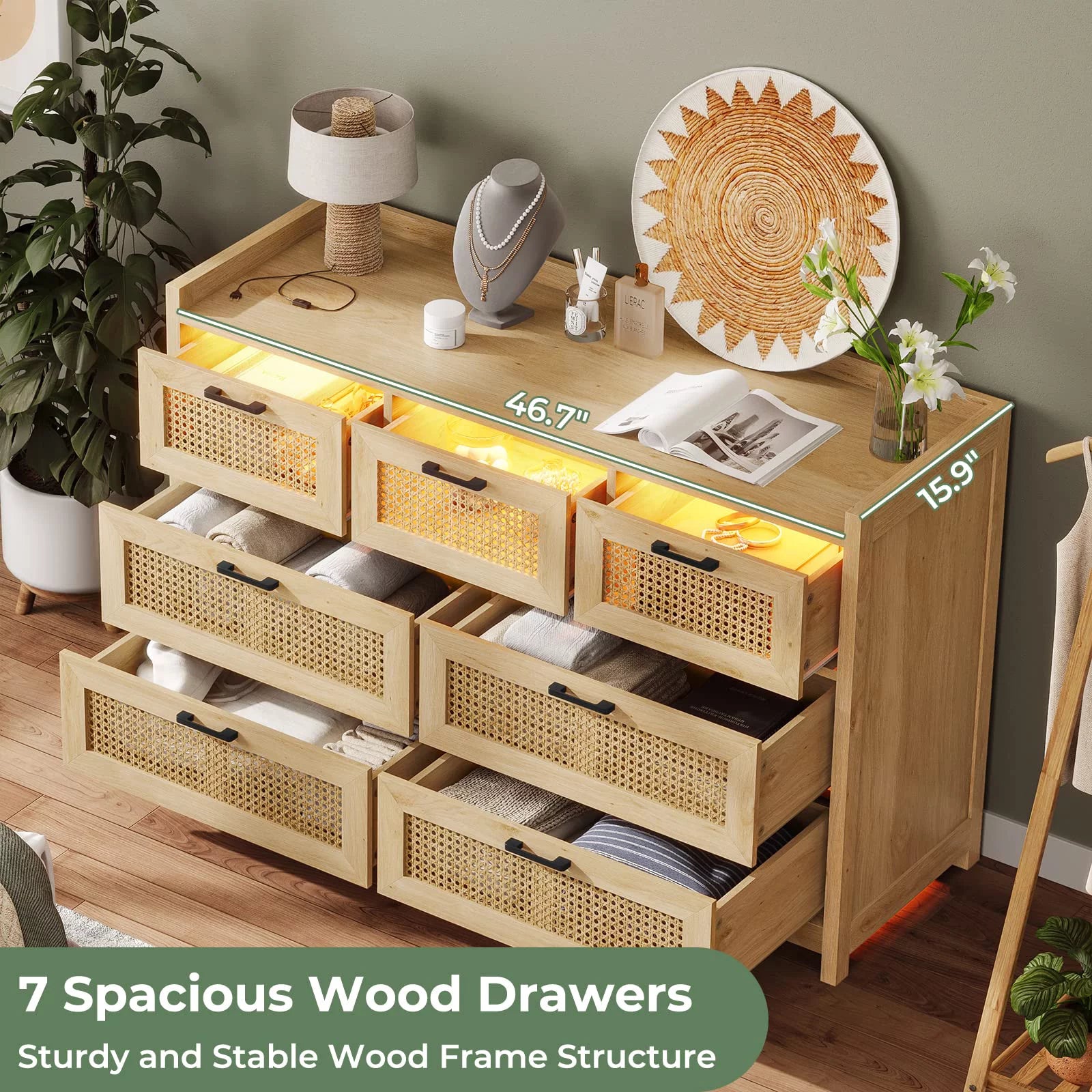 7 Drawer Dressers with LED Light, Natural Rattan Dresser for Bedroom, Hallway, Entryway