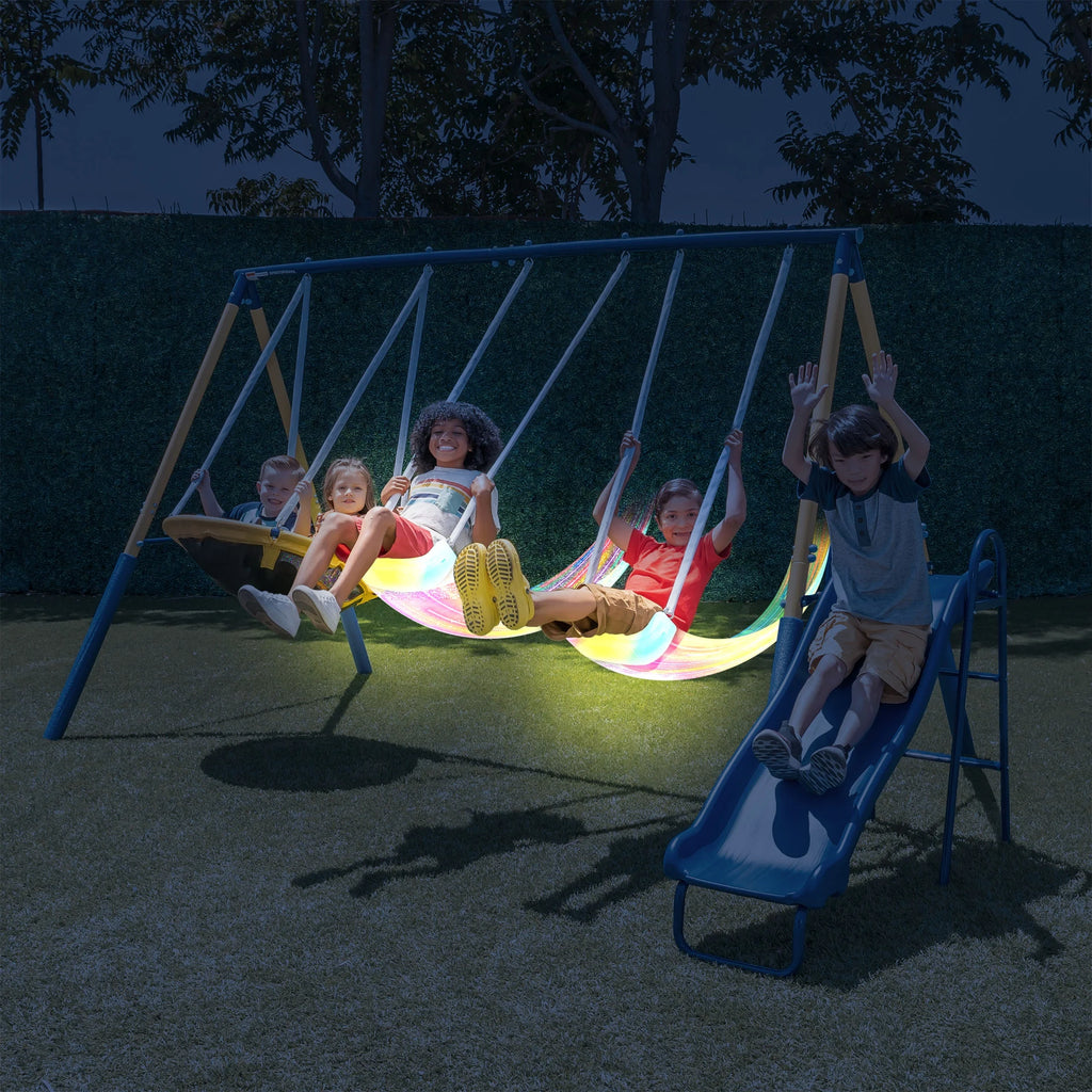 Sportspower Starlight Metal Swing Set with 2 LED Swings, Saucer Swing, and Lifetime Warranty on Blow Molded Slide