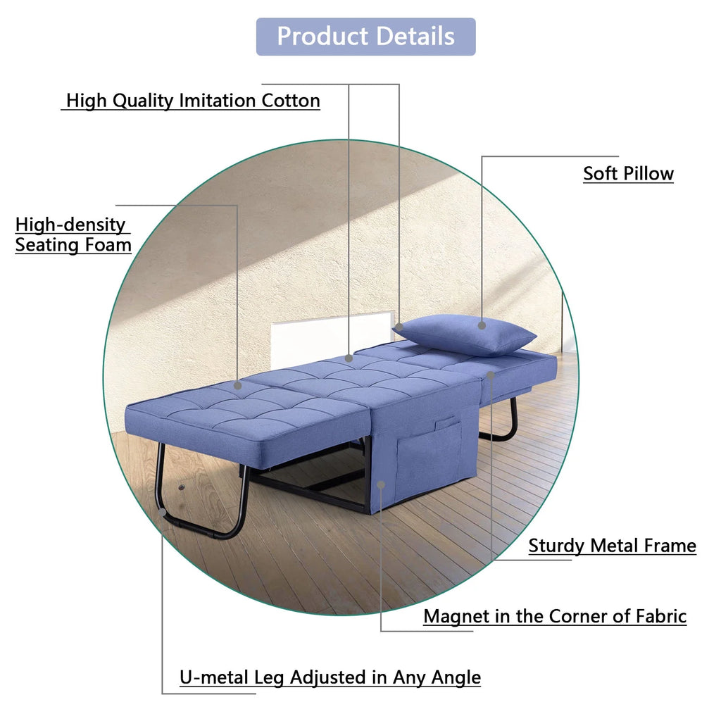 Ainfox Ottoman Chair Lounger Bed .4 in 1 Breathable Linen Convertible Single Sofa Couch, 73.23''L x 33.86''W(Dark Blue)