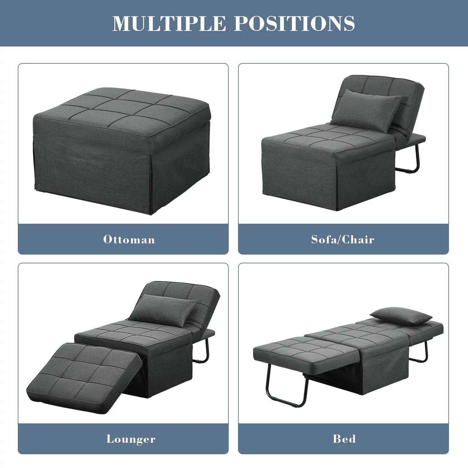 Ainfox Ottoman Chair Lounger Bed .4 in 1 Breathable Linen Convertible Single Sofa Couch, 73.23''L x 33.86''W(Dark Grey)(Beige)