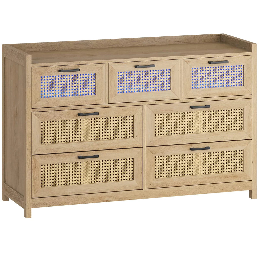 7 Drawer Dressers with LED Light, Natural Rattan Dresser for Bedroom, Hallway, Entryway