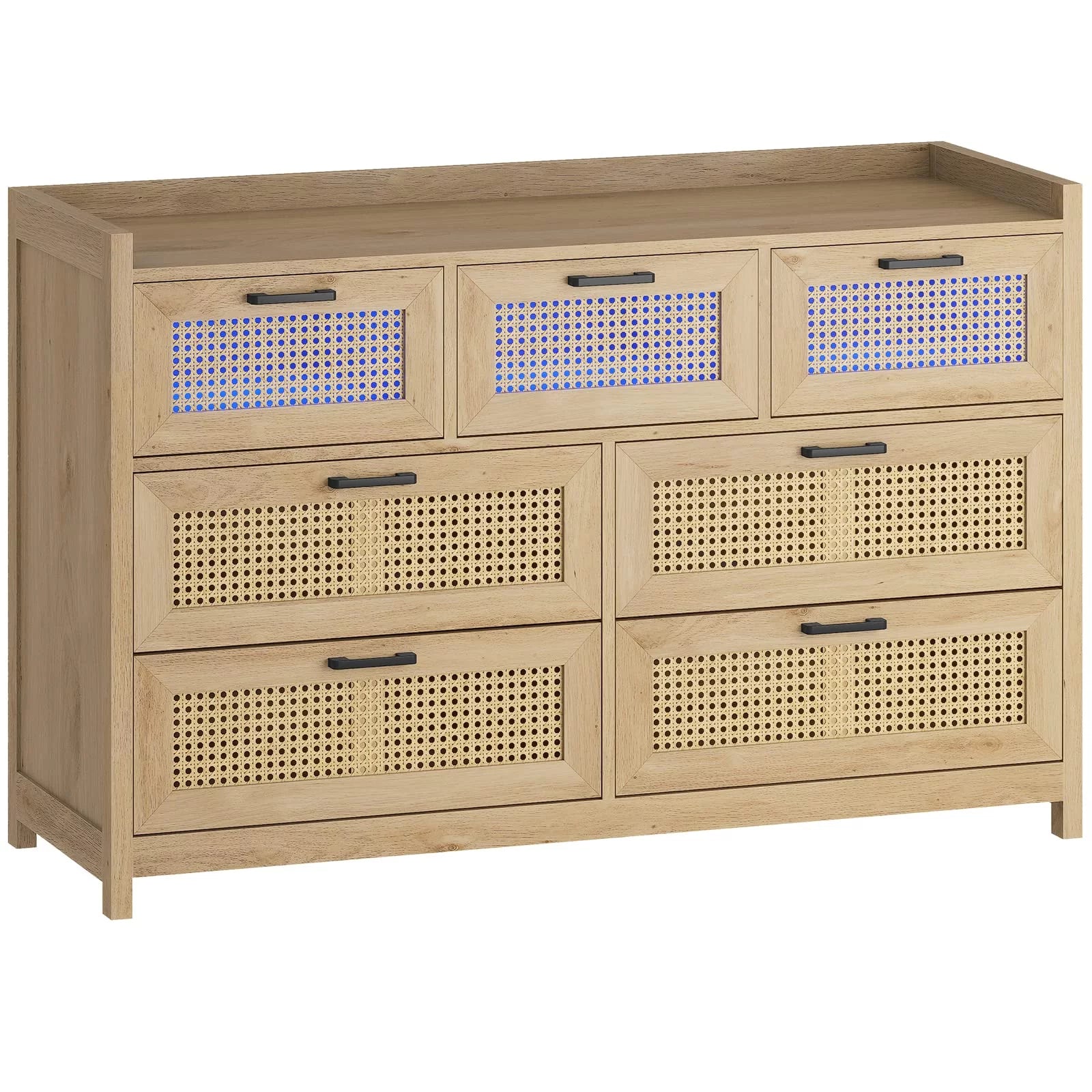 7 Drawer Dressers with LED Light, Natural Rattan Dresser for Bedroom, Hallway, Entryway