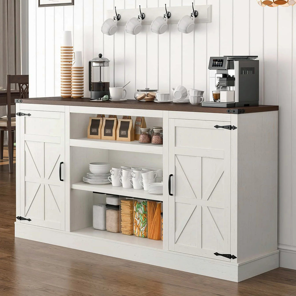 4 Layer Farmhouse Coffee Bar Cabinet With Power Outlet & LED Light, 57" Barn Door Buffet Cabinet Kitchen Storage With Adjustable Shelves(Brown)