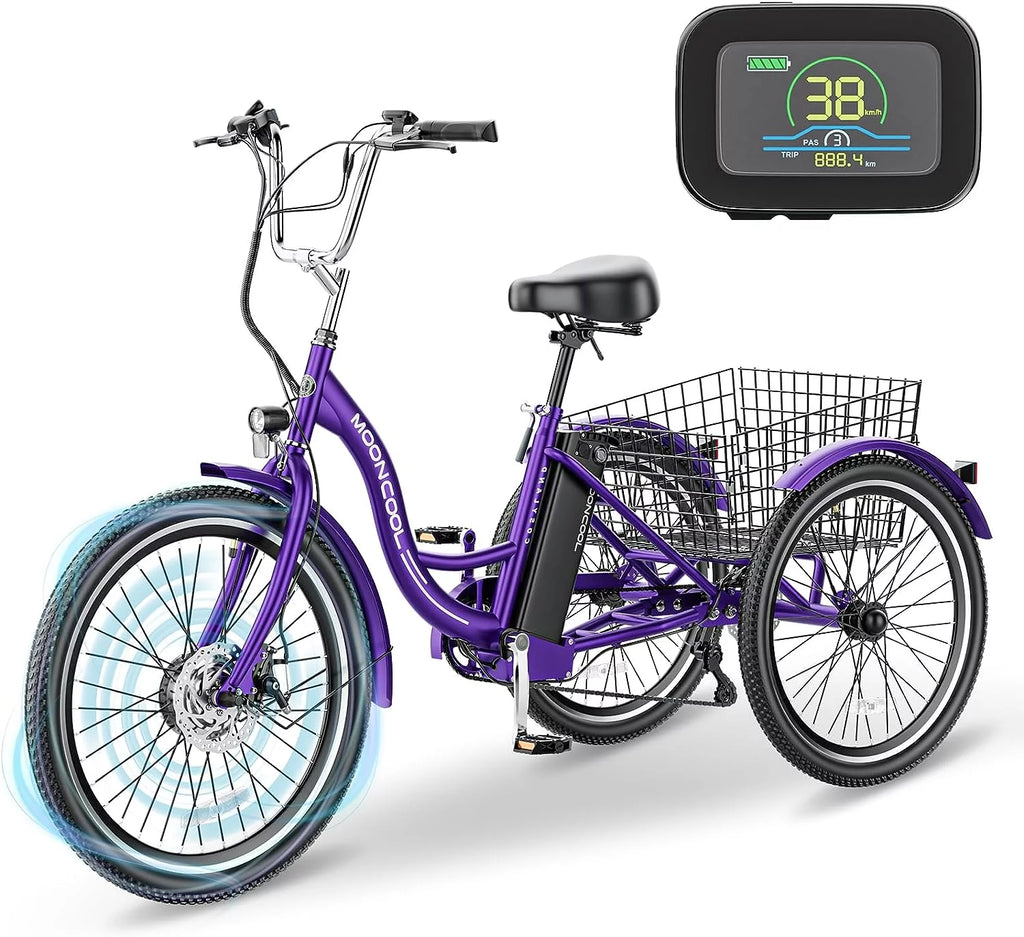 Mooncool 24" 26" 3 Wheel Electric Tricycle for Adults, 350W 36V 7 Speeds Motorized Electric Trike Three Wheel Electric Bikes Bicycle with Large Basket & Accessories for Women Men