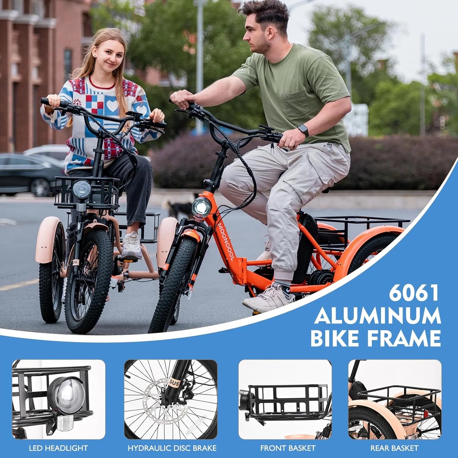 MOONCOOL 24"/26" Electric Tricycle for Adults, 350W 36V 7 Speeds Electric Trike Motorized Three Wheel Electric Bikes Bicycle with Large Basket for Women Men