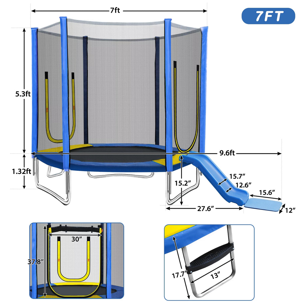 EUROCO 800LBS 7FT Kids Trampoline with Safety Enclosure Net, Indoor Outdoor Trampoline with Slide,Ladder,Spring Pad,All-Weather Trampolines (Age3-12) for 3-4 Kids, Easy Assembly Round Trampoline,Blue