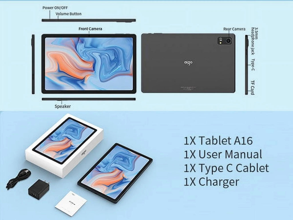 aigo A16Pro 2K Android 13 Tablet for Adult Kids, 10.6inch Tablet, 2024 Android Portable Tablet with Octa-Core, 16GB RAM+128GB ROM, Dual 13MP+5MP Camera, WiFi, GPS, Bluetooth, 1TB Expand Support, Black