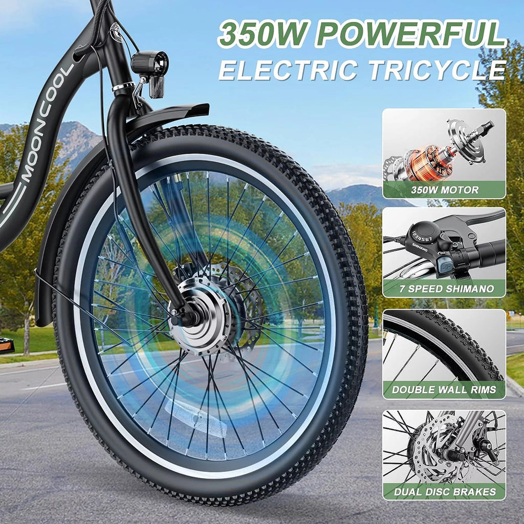 Mooncool 24" 26" 3 Wheel Electric Tricycle for Adults, 350W 36V 7 Speeds Motorized Electric Trike Three Wheel Electric Bikes Bicycle with Large Basket & Accessories for Women Men