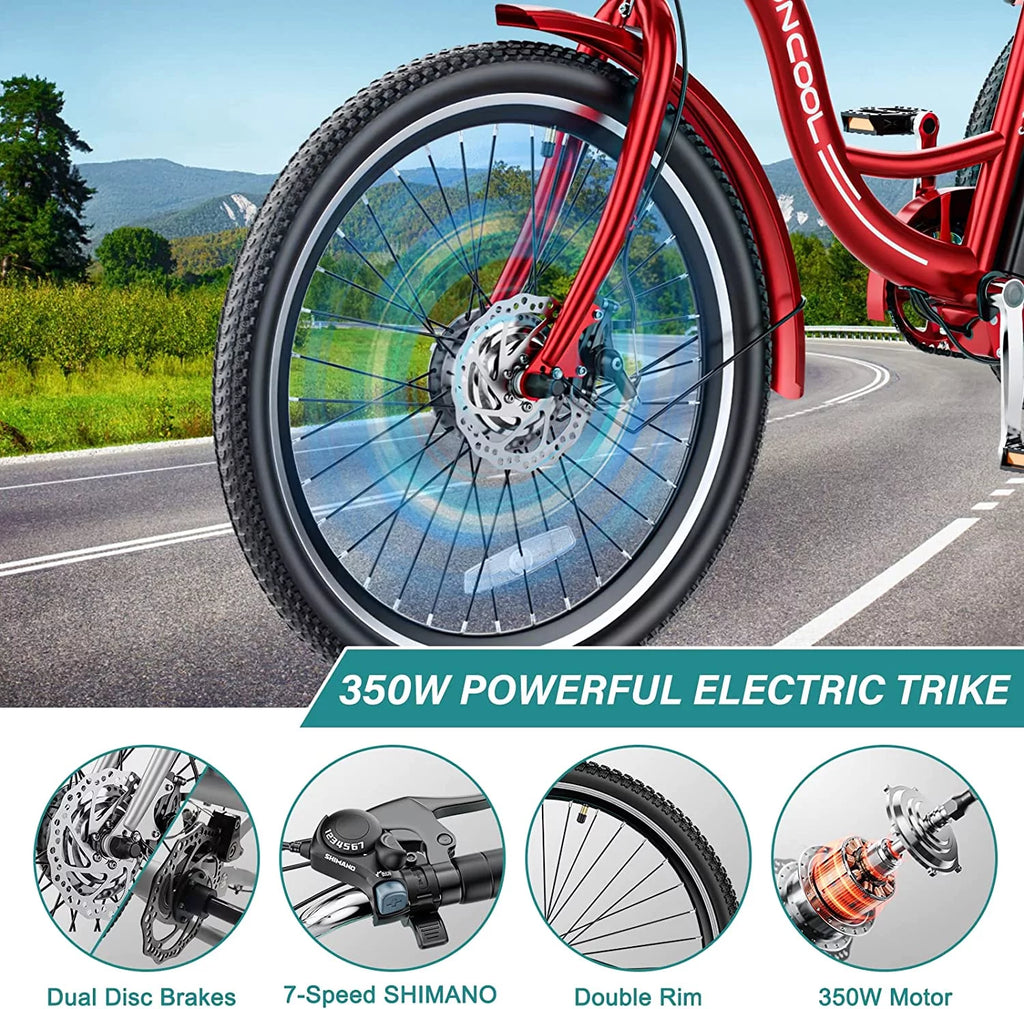 MOONCOOL 24"/26" Electric Tricycle for Adults, 350W 36V 7 Speeds Electric Trike Motorized Three Wheel Electric Bikes Bicycle with Large Basket for Women Men