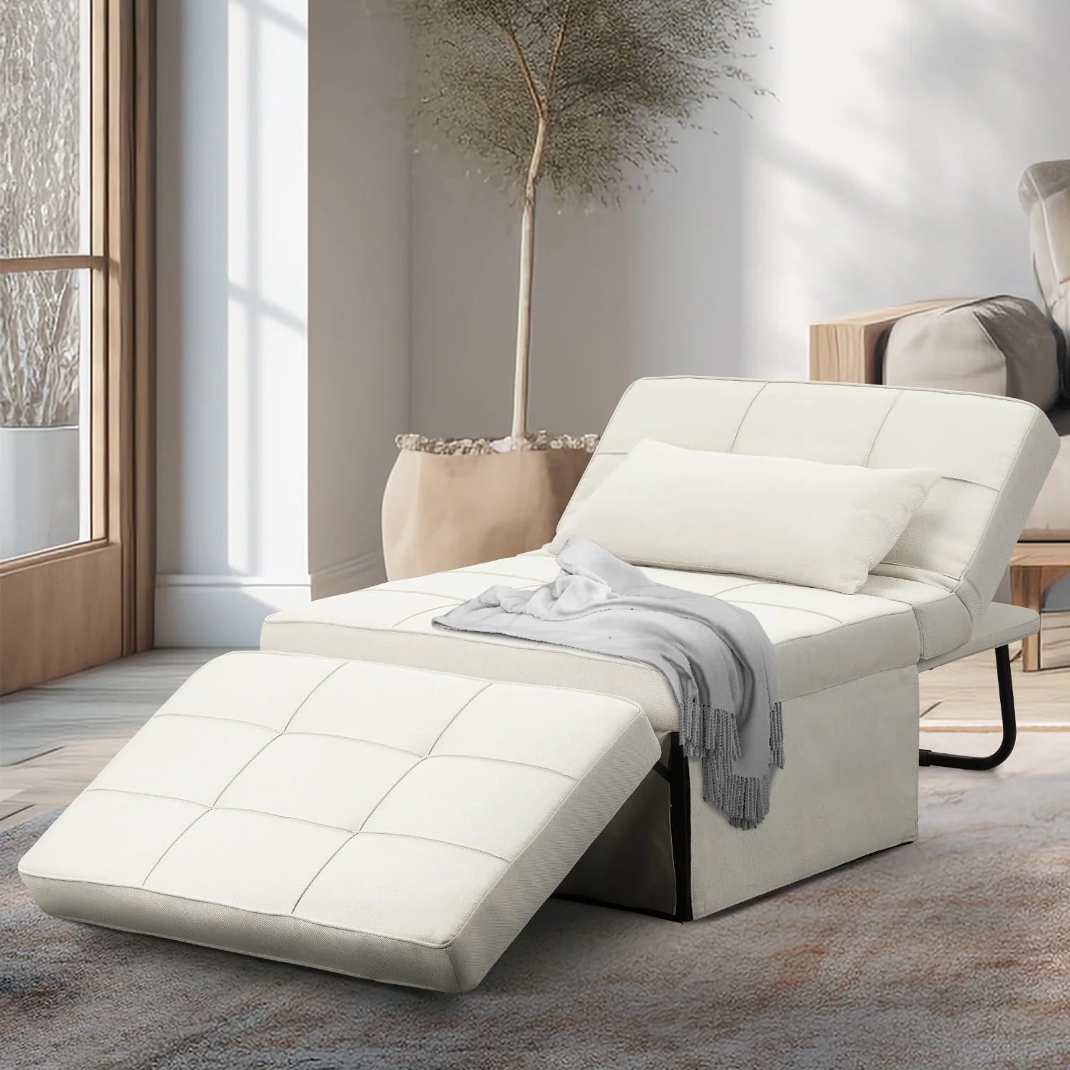 Ainfox Ottoman Chair Lounger Bed .4 in 1 Breathable Linen Convertible Single Sofa Couch, 73.23''L x 33.86''W(Dark Grey)(Beige)