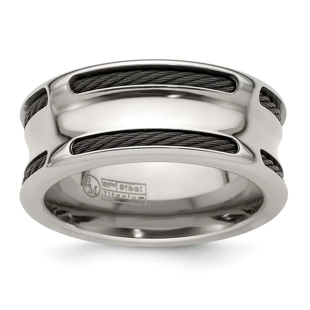 Edward Mirell Stainless Steel Engravable and Black Titanium Cable Edge Polished Concave 10mm Band Size 8 Jewelry for Wom