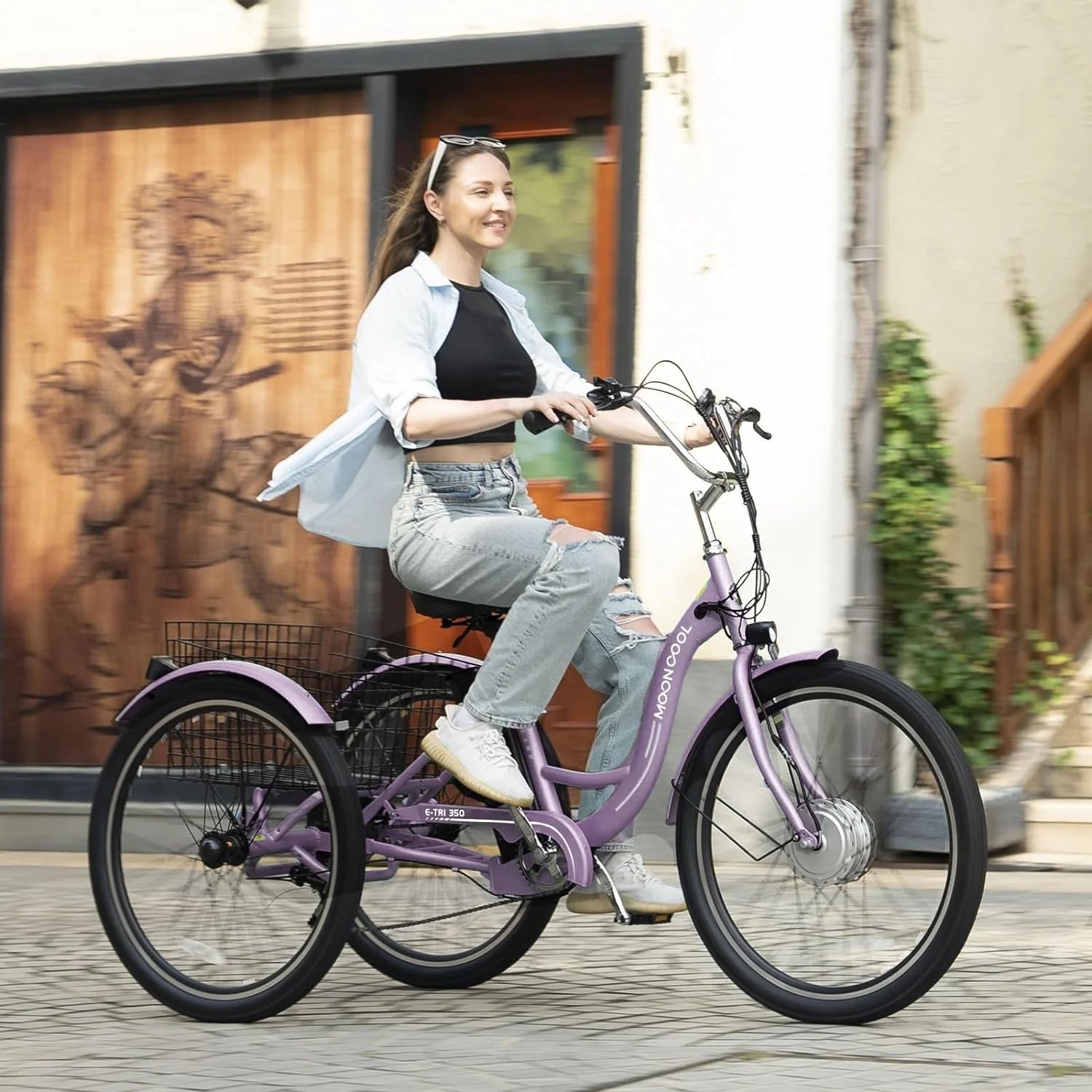 Mooncool 24" 26" 3 Wheel Electric Tricycle for Adults, 350W 36V 7 Speeds Motorized Electric Trike Three Wheel Electric Bikes Bicycle with Large Basket & Accessories for Women Men