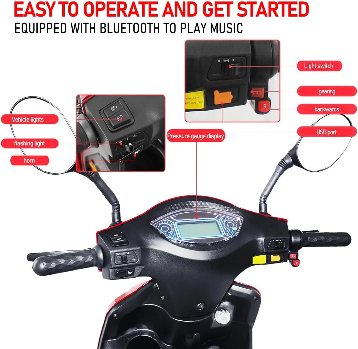 Mobility Scooters 4-Wheel Mobility Scooter Battery Powered Compact Rear Box 360 Degree Adjustable Seat  Red