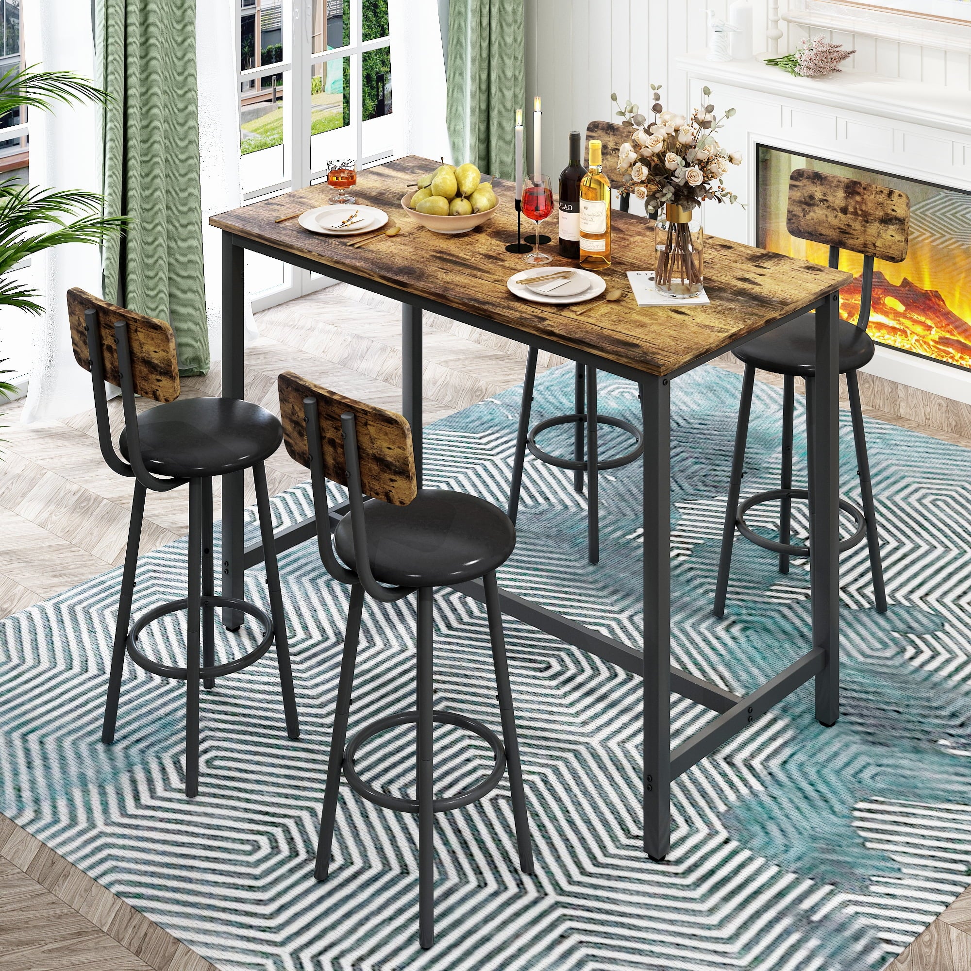 5 Piece Bar Table Set, Modern Counter Height Dining Set, Home Dining Table and Chairs Set for 4, Kitchen Breakfast Table Set with 4 Cushioned Stools, Bistro Pub Table Set, Rustic Brown